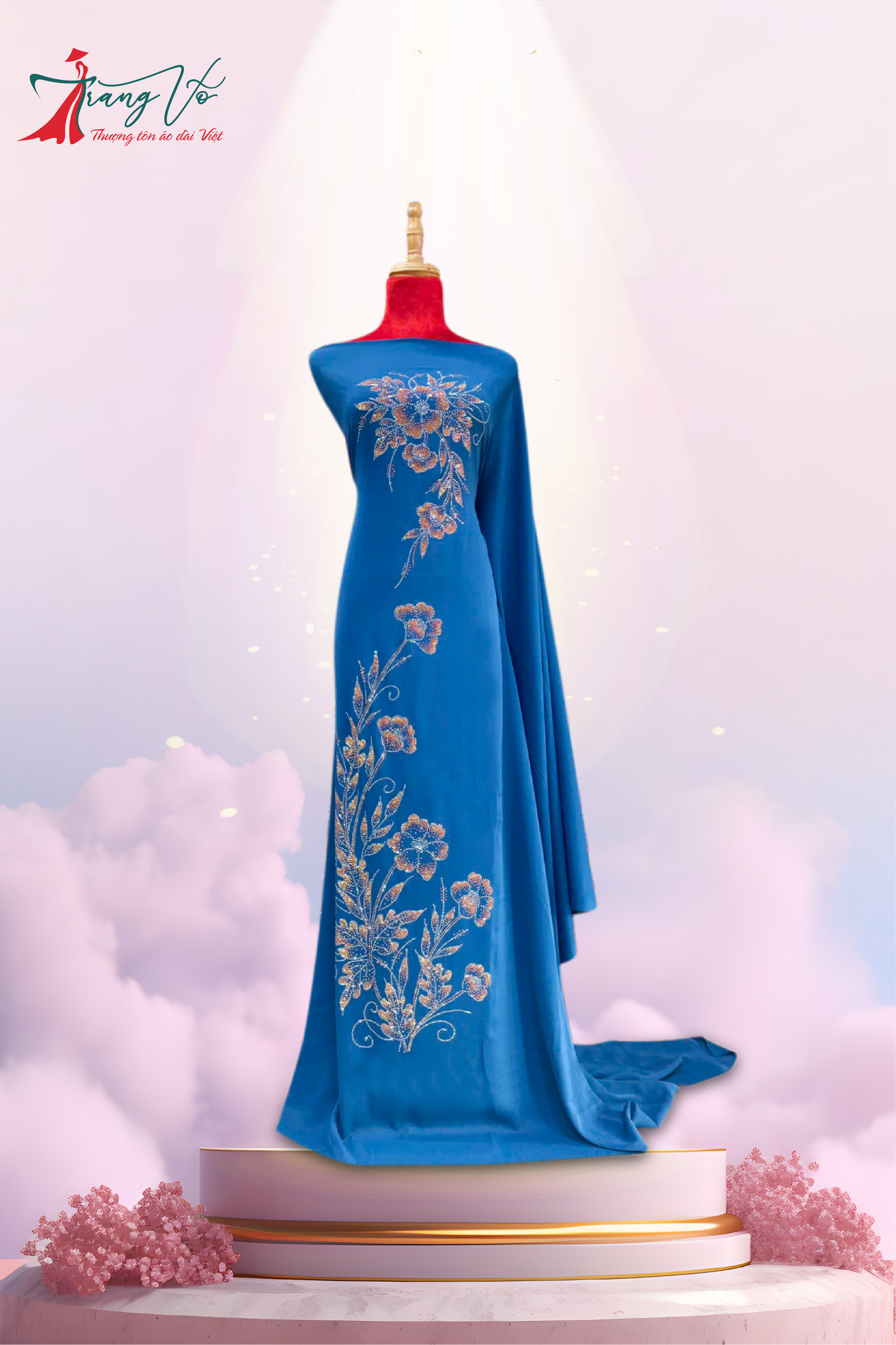 LỤA ÉP ĐÁ HỌA TIẾT HOA XANH DƯƠNG #08112405